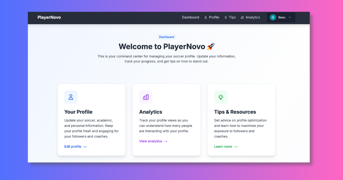 PlayerNovo Dashboard - Manage your soccer profile